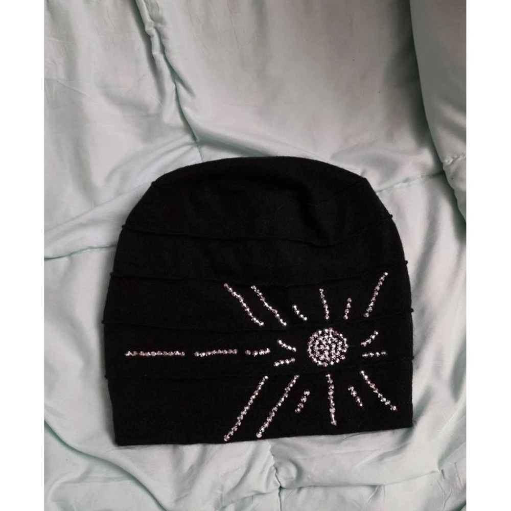 Black Ruffle Knit Beanie Rhinestone Sunburst Embellished Slouchy Hat